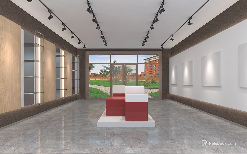 Modern Exhibition Hall With Track Lights White Walls Display Shelves Red White Cube Exhibit 3d model 