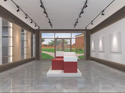 Modern Exhibition Hall With Track Lights White Walls Display Shelves Red White Cube Exhibit 3d model