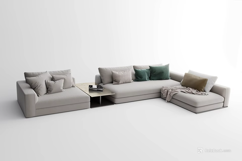 Light Gray Sectional Sofa With Mixed Color Throw Pillows Throw Blanket And Side Table 3d model