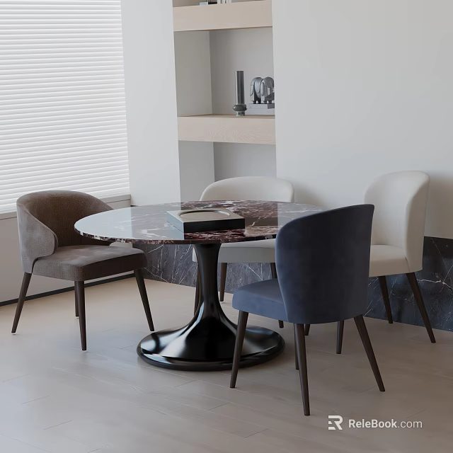 Modern Round Marble Dining Table Set With Black Base And Four Brown White Blue Chairs 3d model 