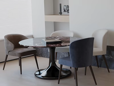 Modern Round Marble Dining Table Set With Black Base And Four Brown White Blue Chairs 3d model