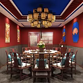 Chinese Style Private Dining Room With Red Walls Blue Ceiling And Round Table 3d model