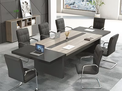 Modern Conference Table with Black Chairs Laptop Documents and Vase in Office Meeting Room 3d model