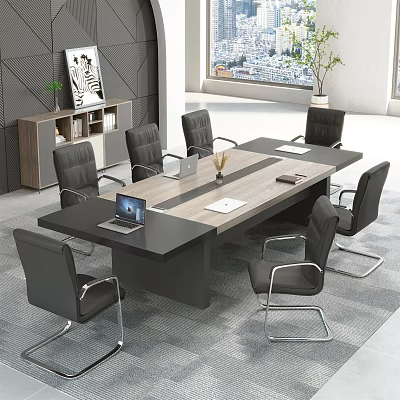 Modern Conference Table with Black Chairs Laptop Documents and Vase in Office Meeting Room 3d model