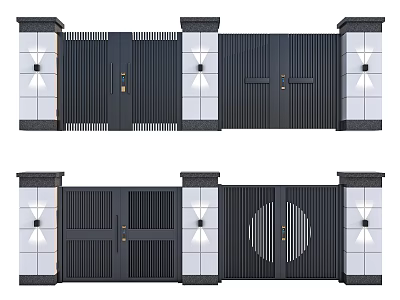 Modern Double Doors With Decorative Pillars Side Lighting And Geometric Patterns For Home Exterior 3d model