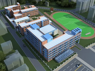 Red Brick School Buildings With Multiple Classroom Structures Green Football Field Track And Surrounding Roads 3d model