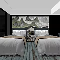 Hotel Guest Room With Twin Beds Mountain Painting Large Windows And City View