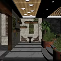 Luxurious SPA Sauna Interior with Golden Ceiling Circular Lights Floral Mural Green Plants and Hot Spring Pool
