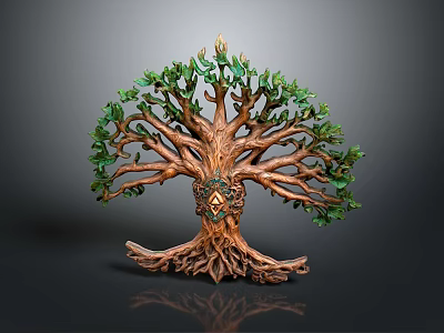 Artistic Decorative Tree Sculpture With Green Leaves Brown Trunk And Intricate Roots 3d model