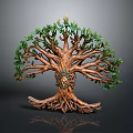 Artistic Decorative Tree Sculpture With Green Leaves Brown Trunk And Intricate Roots
