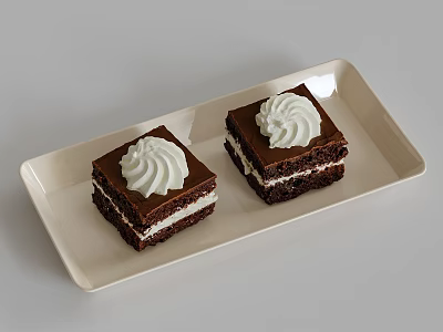 Two Chocolate Cake Pieces on Light Rectangular Plate with Chocolate Layers and White Cream Topping 3d model