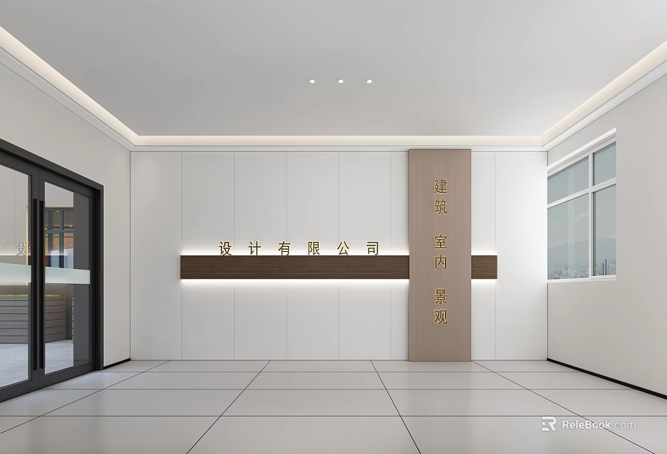Modern Elevator Hallway With White Wall Panels Tile Flooring And Company Signage 3d model 