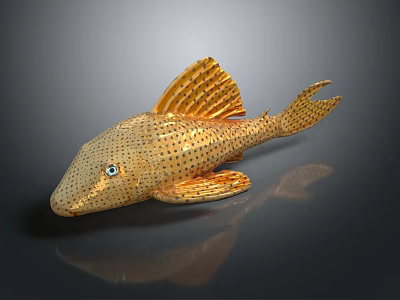 Golden Fish Decorative Sculpture With Perforated Surface Blue Eyes Shiny Finish And Dark Background Reflection 3d model
