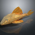 Golden Fish Decorative Sculpture With Perforated Surface Blue Eyes Shiny Finish And Dark Background Reflection