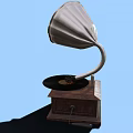 Vintage Gramophone Audio System With Horn Vinyl Record Wooden Base And Blue Background