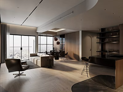 Modern Dining and Living Room Interior With Sofa Dining Table And City View Windows 3d model