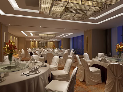 Luxurious Banquet Hall Interior With Round Tables White Chair Covers And Crystal Chandeliers 3d model