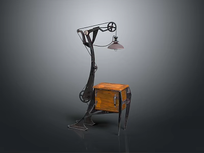 Industrial Style Floor Lamp With Metal Frame Gear Details And Wooden Storage Cabinet 3d model