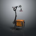 Industrial Style Floor Lamp With Metal Frame Gear Details And Wooden Storage Cabinet