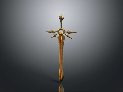 Golden ornate sword with star shaped decoration and slim blade displayed on dark background 3d model