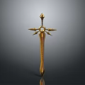 Golden ornate sword with star shaped decoration and slim blade displayed on dark background