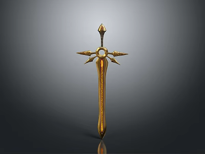 Golden ornate sword with star shaped decoration and slim blade displayed on dark background 3d model