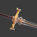 Ornate Medieval Sword With Golden Hilt Red Grip And Purple Blade Design