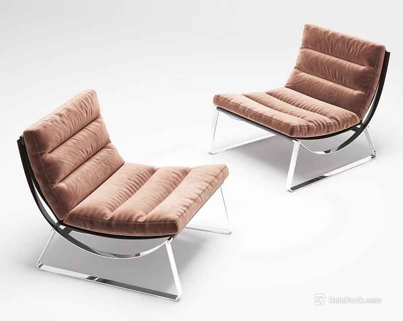 Set Of Two Light Brown Lounge Chairs With Metal Frames 3d model 