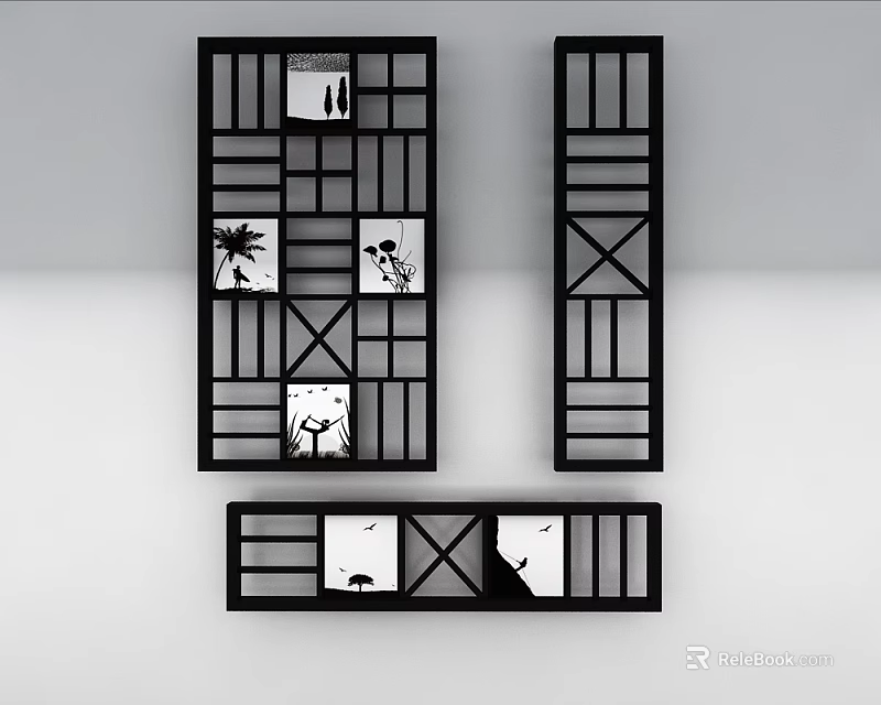 Modern Black Frame Room Divider With Geometric Grid And Decorative Panels 3d model 