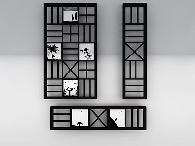 Modern Black Frame Room Divider With Geometric Grid And Decorative Panels 3d model