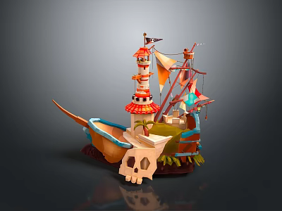 Pirate Ship Model With Skull Shaped Hull Tower Flags Colorful Sails And Decorative Details 3d model