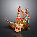 Pirate Ship Model With Skull Shaped Hull Tower Flags Colorful Sails And Decorative Details