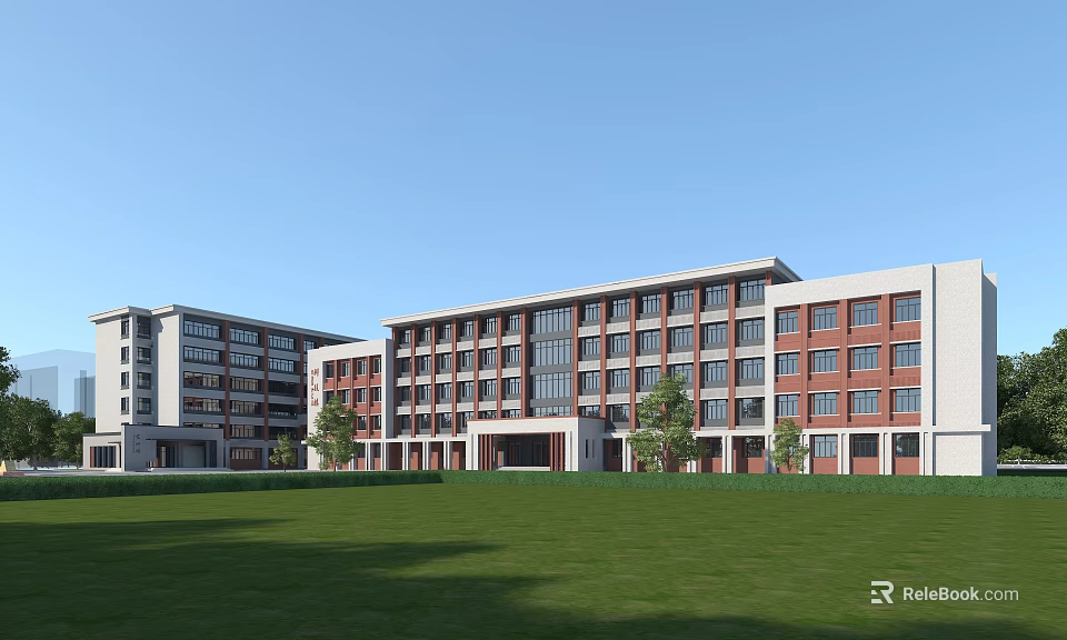 Modern School Building Complex With Red Brick Exteriors White Walls Green Lawn And Trees 3d model 