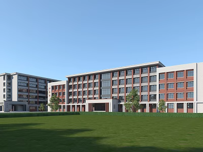 Modern School Building Complex With Red Brick Exteriors White Walls Green Lawn And Trees 3d model