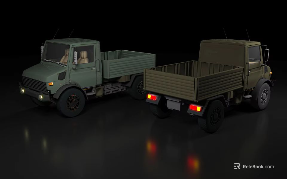 Two Green Off Road Military Style Trucks With Open Cargo Bed And Taillights 3d model 