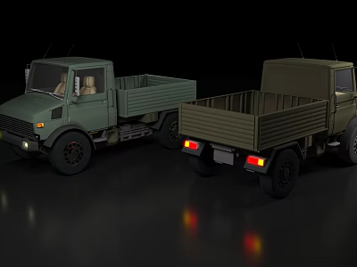 Two Green Off Road Military Style Trucks With Open Cargo Bed And Taillights 3d model