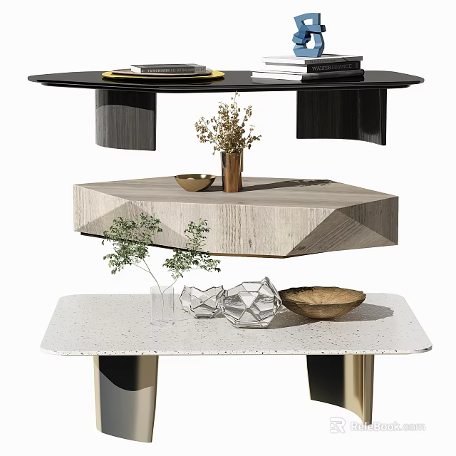 Modern Multi Layered Coffee Table With Wooden Stone Tops And Geometric Decor Plants 3d model 