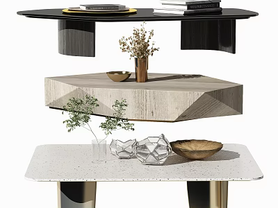 Modern Multi Layered Coffee Table With Wooden Stone Tops And Geometric Decor Plants 3d model