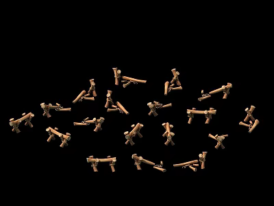 Small Wooden Figurines In Various Creative Poses On Black Background 3d model