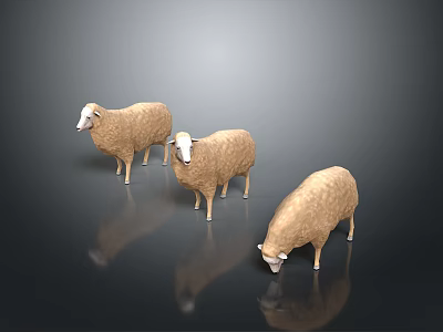 Three Sheep Standing On Dark Surface With Reflections 3d model
