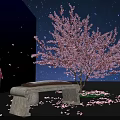 Cartoon Scene Featuring Night Sky Stars Pink Cherry Blossom Tree Stone Guzheng Girl Scattered Petals