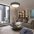 Modern Living Dining Room Interior Design With Sofa Coffee Table Bookshelf Window And Painting