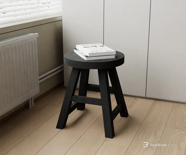 Black Round Side Table with Three Legs and Books on Wooden Floor Near White Cabinets 3d model 