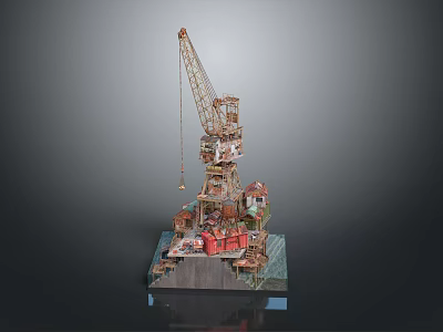 Detailed Industrial Crane Model With Platform Structure And Small Buildings 3d model