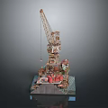 Detailed Industrial Crane Model With Platform Structure And Small Buildings