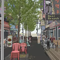 Bustling Shopping Street Featuring Shops Trees And Scooter On City Road