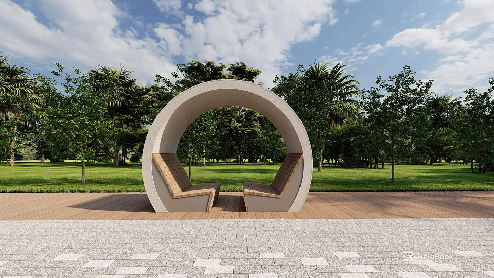 Elegant Modern Outdoor Landscape Seating with Circular Design Wooden Seats and Green Park Surroundings 3d model 