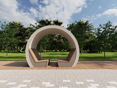 Elegant Modern Outdoor Landscape Seating with Circular Design Wooden Seats and Green Park Surroundings 3d model