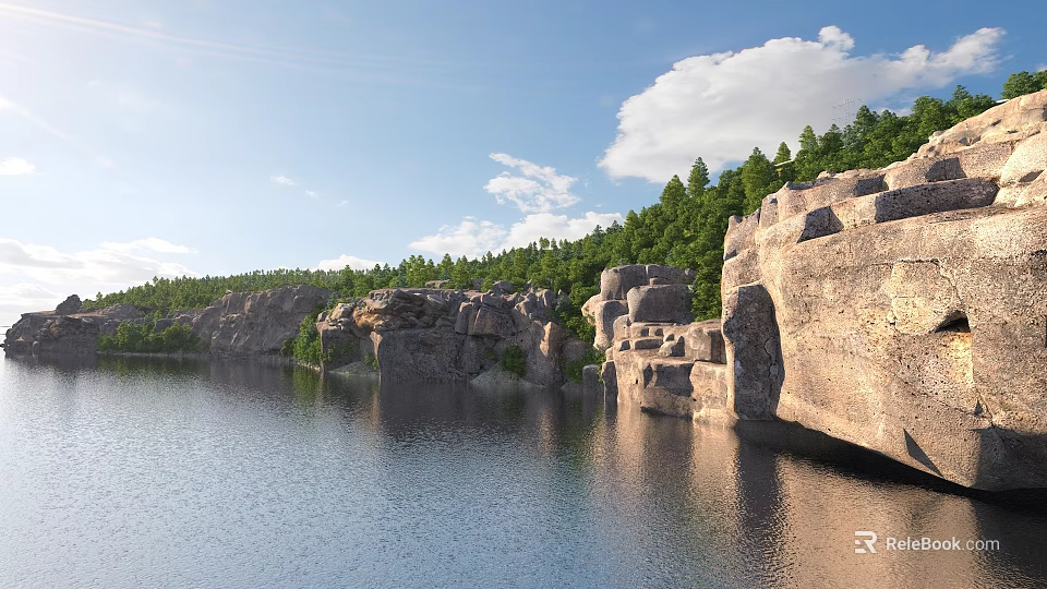 Scenic Rocky Cliffs Along Calm Lake With Green Forest Blue Sky And White Clouds 3d model 