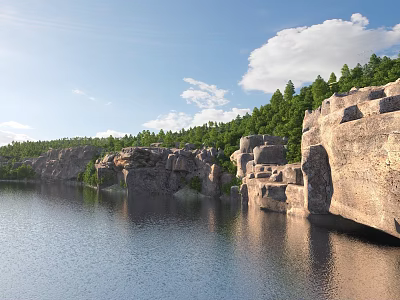Scenic Rocky Cliffs Along Calm Lake With Green Forest Blue Sky And White Clouds 3d model